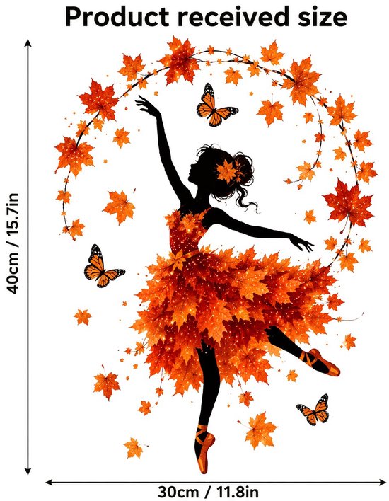 Raamsticker met ballerina in herfstbladeren jurk, 30cm bij 40cm, met vlinders en esdoornbladeren.