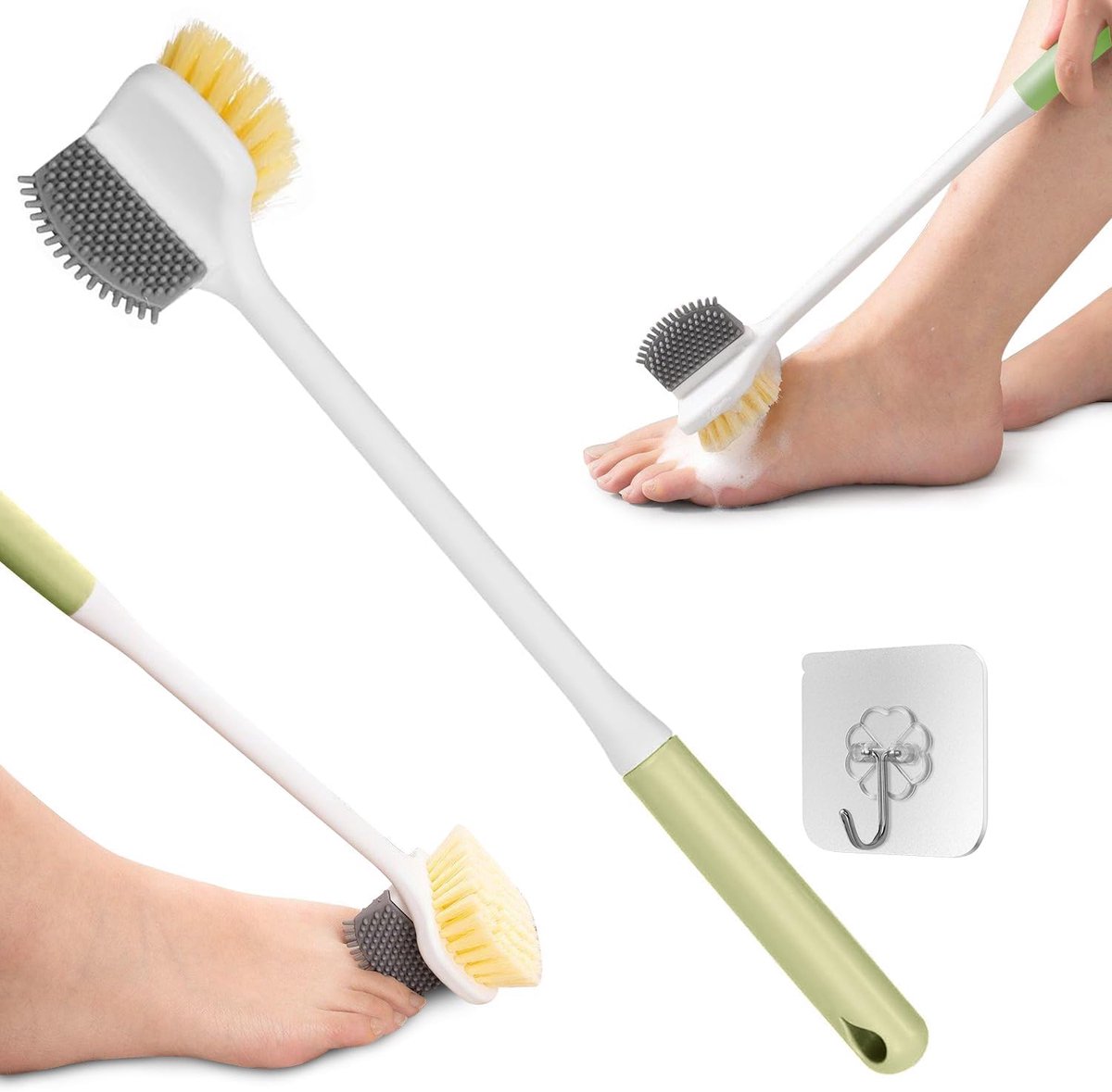 Voetborstel voor de douche, multifunctionele voetwasborstel, voetborstel met lange steel, reinigingsborstel, teenspleet, peeling voor douche, doucheborstel voor senioren, dubbelzijdige