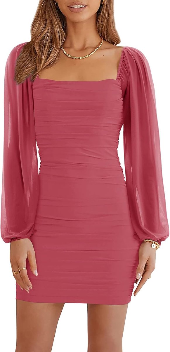 Mini-jurk voor dames, mesh, lange mouwen, vierkante hals, ruches, party, club, cocktail, bodycon