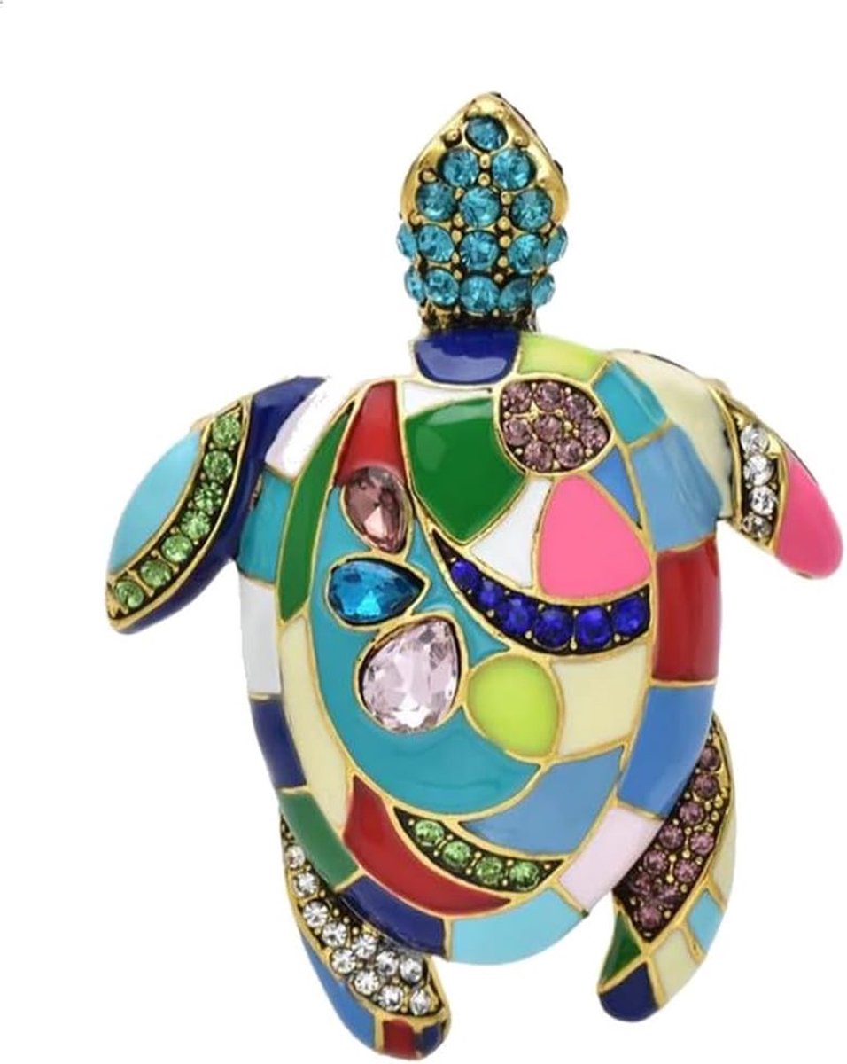 Schildpad sieraden broche kristal en staal., 6,5 x 5 cm, Roestvrij staal