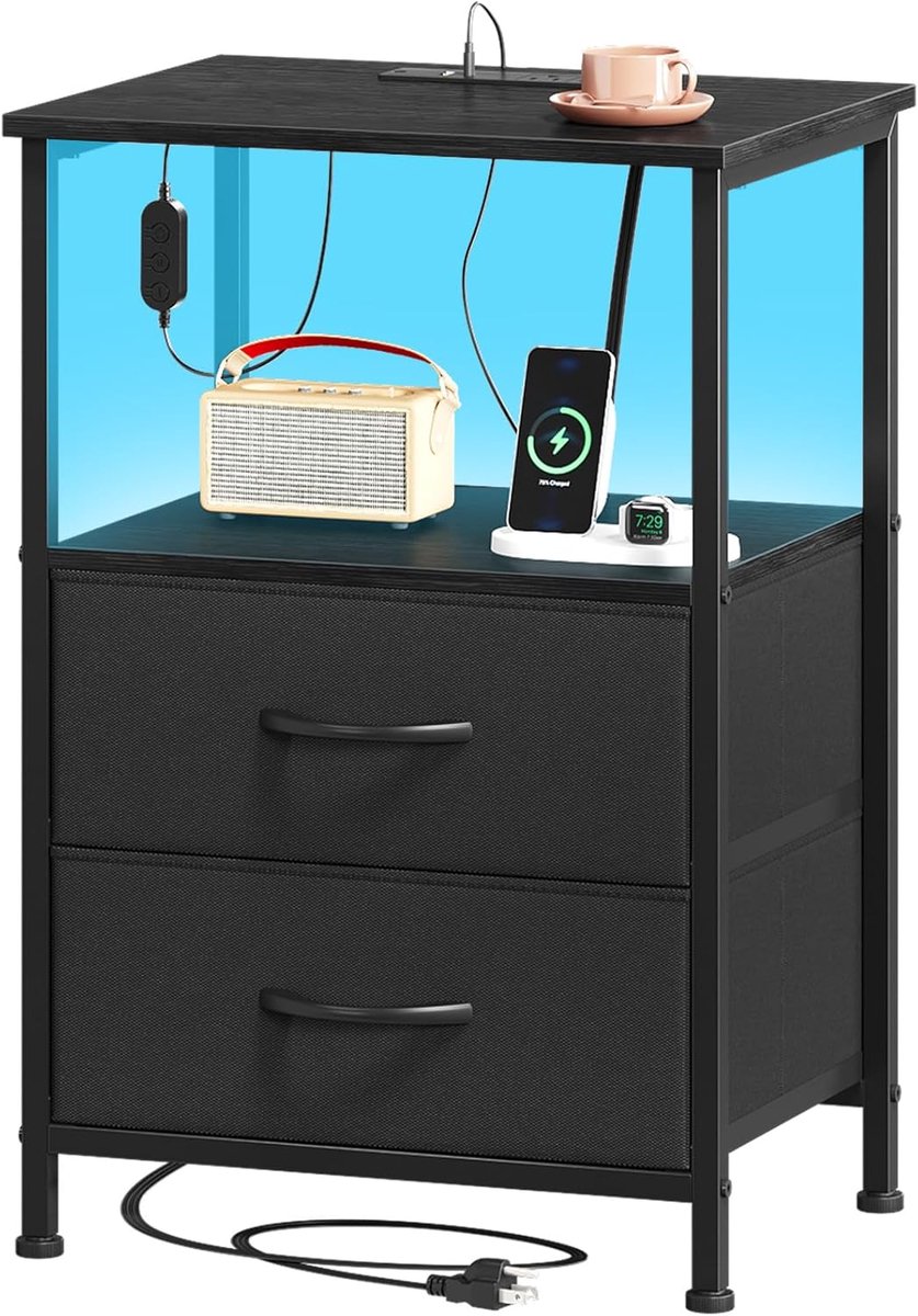 SnelShoppen - Nachttafel met Stoffen Lades, Bedside Table met 2 AC Aansluitingen, 1 USB en 1 Type C, Opbergkast voor Slaapkamer en Woonkamer, 30D x 40