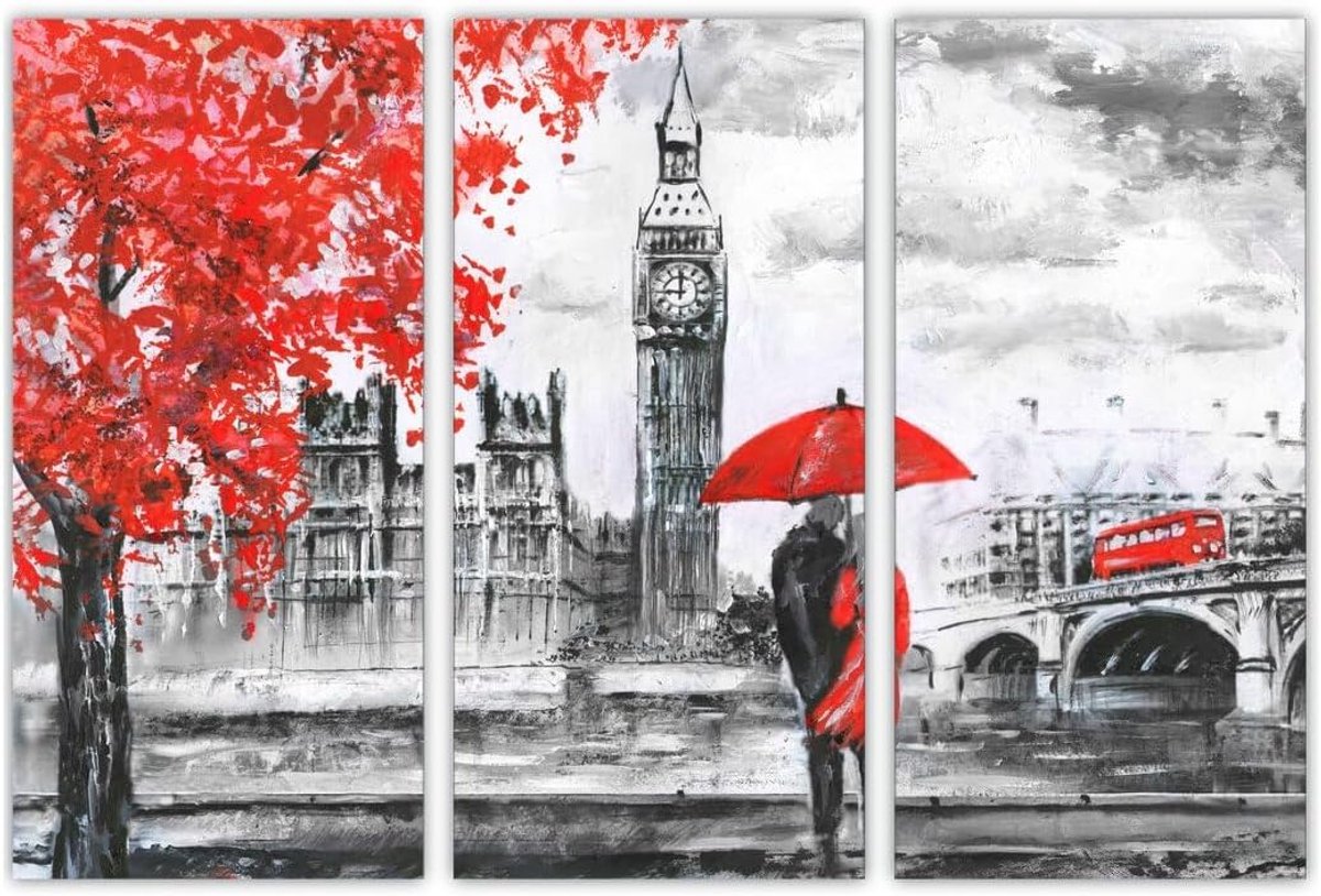 AREDE Set of 3 Wall Art Painting Picture Poster Red, Black and White London, Couple with Umbrella in London (90x60cm) - ShopVlot