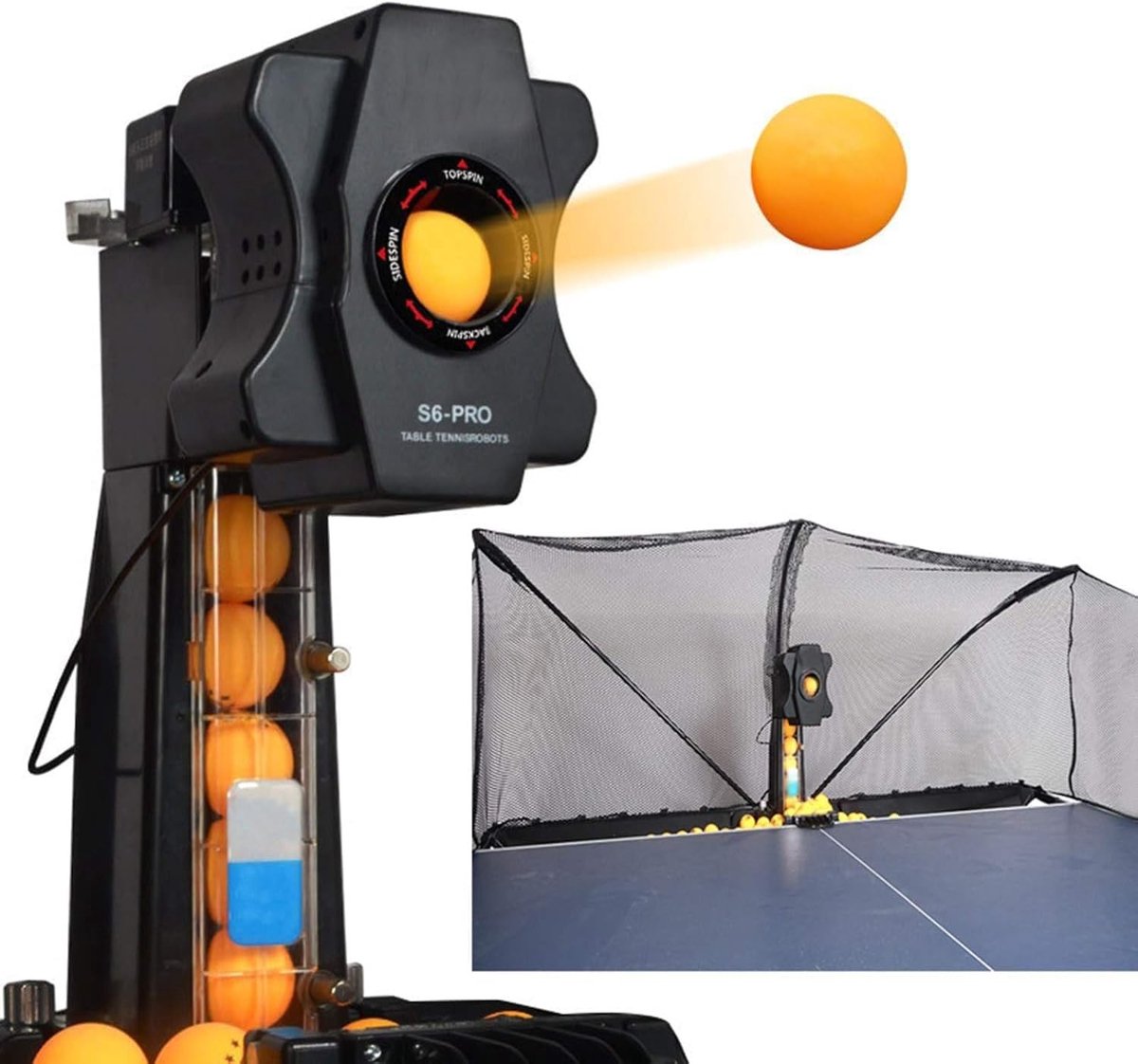 Tafeltennis robot met net en negen verschillende draaiende ballen voor persoonlijke training zonder handmatige balverzameling, ideaal voor recreatief en professioneel gebruik