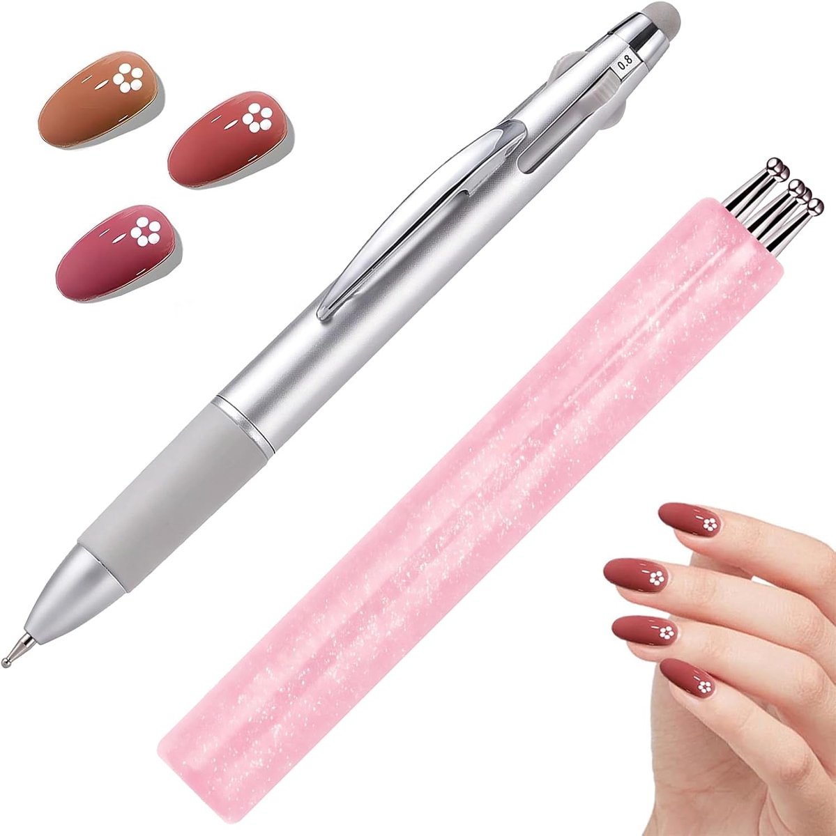 Set met 2 penselen voor nail art en dotting pen, 4-in-1, professioneel gereedschap voor nageldecoratie, gelnagels en manicure, inclusief bloemenkwast en stippelstiften