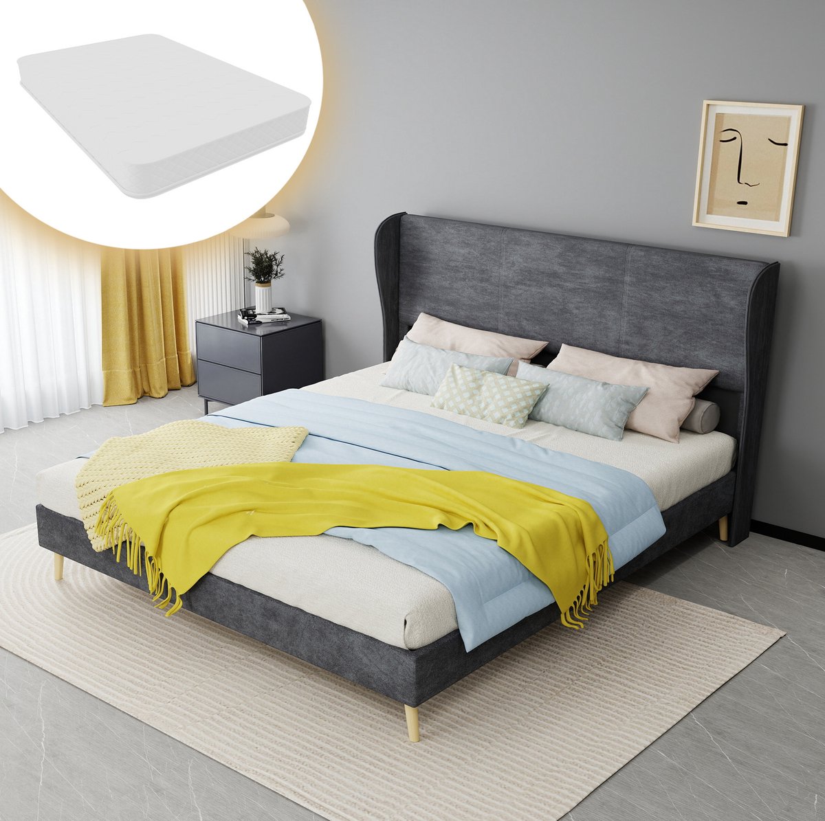 REDOM Tweepersoons bedframe - Gestoffeerd hoofdbord - Lattenbodem - Laag model - Moderne stijl - Stof - Grijs - 160 x 200 cm