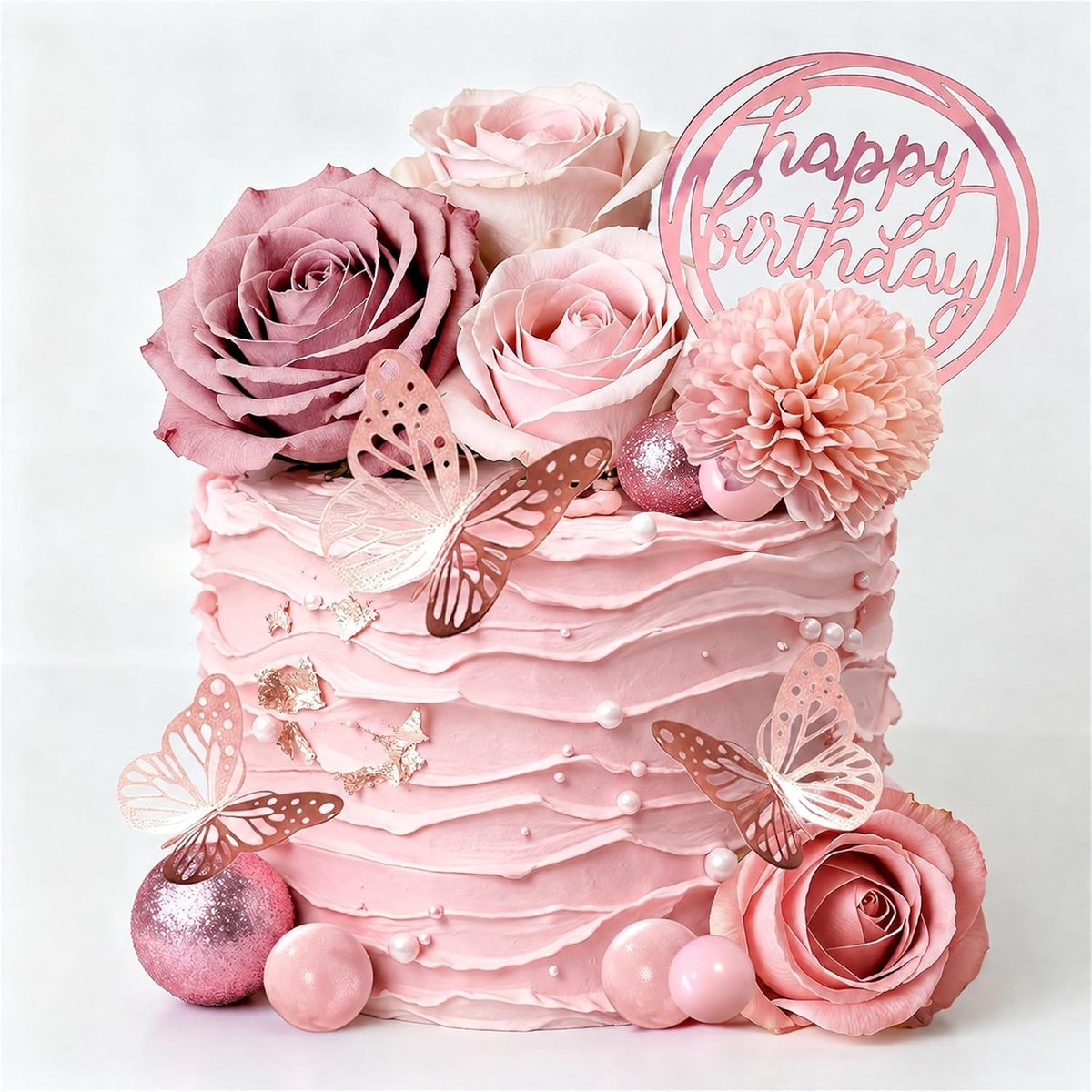 27 stuks taartdecoratie bloemen, taartdecoratie verjaardag, taartdecoratie rozen, taartdecoratie bruiloft, met roze kunstbloemen, vlinders, decoratieve ballen, voor verjaardag, bruiloft, jubileum