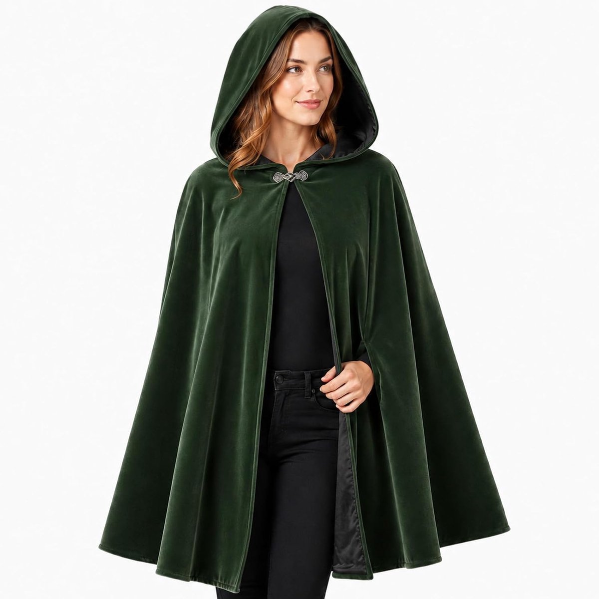 Kleding dames: groene fluwelen cape middeleeuws met capuchon