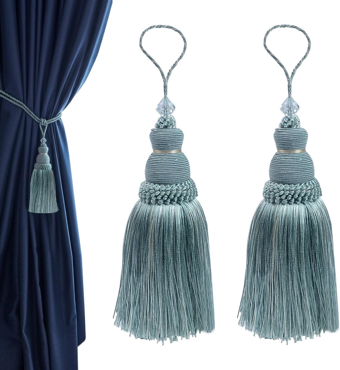 2 stks Kleurrijke Gordijn Kwastje Tiebacks 9,2 Inch Zijdeachtige Kwastjes voor Antieke Meubels Teryleen Hanger Deurknoppen Kasten Woondecoratie (Blauw & Melk Wit)