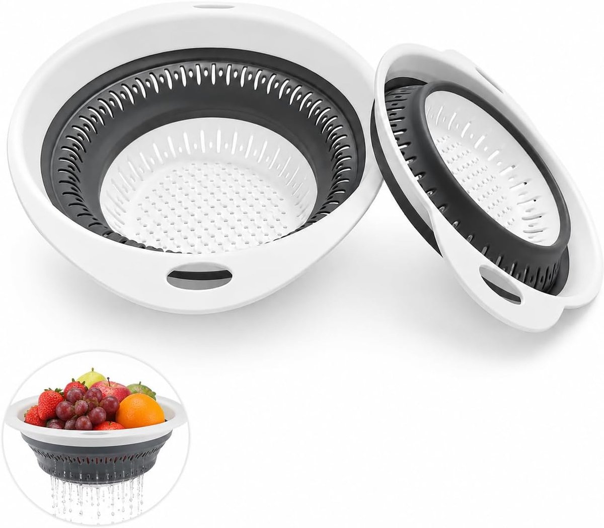 2 stuks siliconen opvouwbare zeef, opvouwbare afdruipzeef & pastazeef, inklapbare keukenzeef, kunststof, ruimtebesparende filtermand voor pasta, groenten en fruit, opvouwbare keukenset zeef