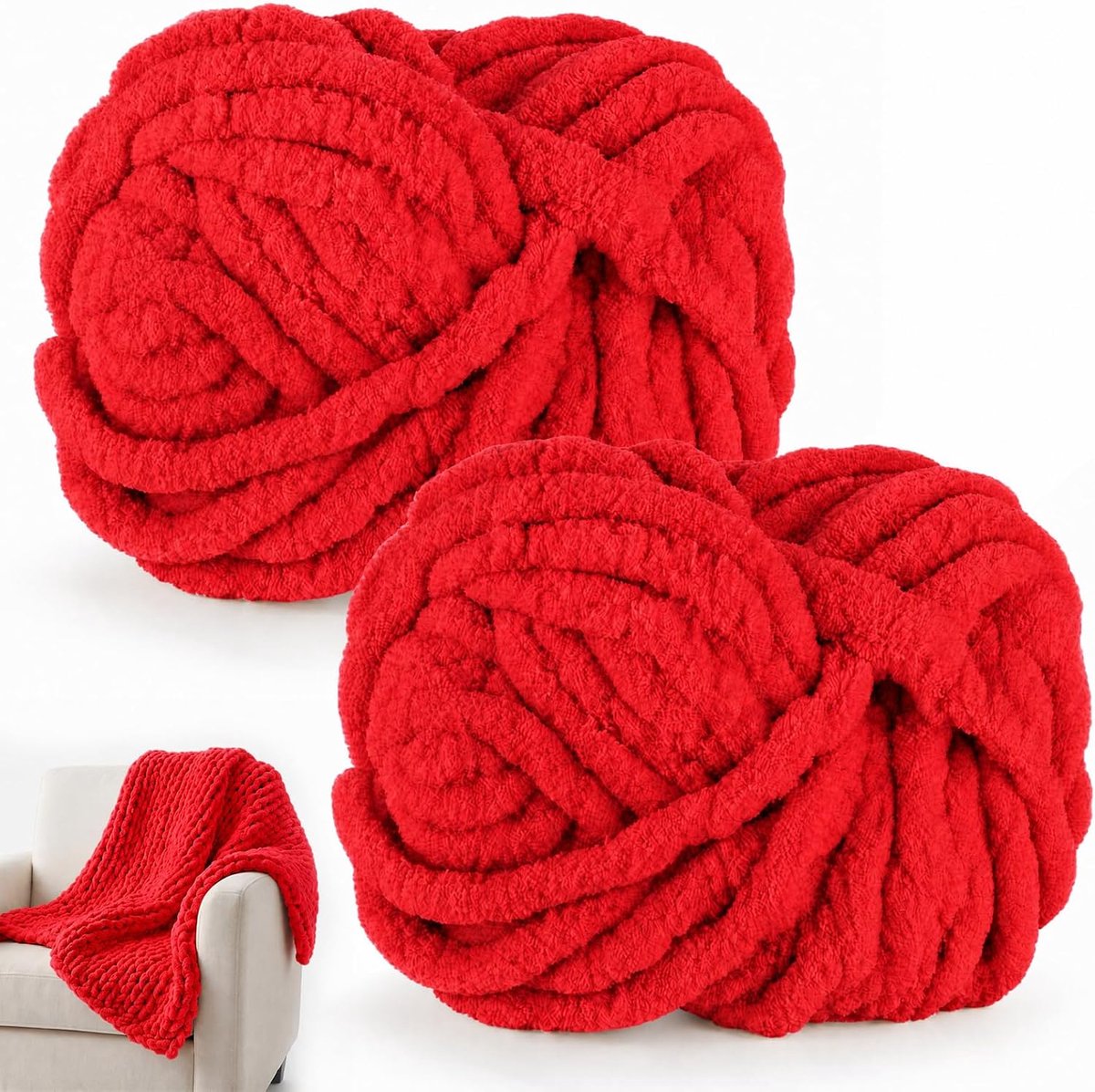 Wol om te breien, 250 g x 2 chunky garen voor handbreien, pluizige zachte wol, XXL-armbreiwol voor het haken van dekens, sjaals, mutsen, huisdiernest (12 felrood)