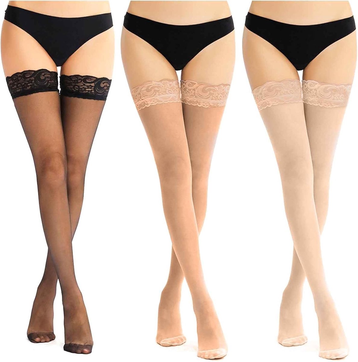 3 Stijl Stay Up Thigh High Kousen voor Vrouwen, Antislip Silikon, Kanten Bovenkant, Sexy Nylon Kousen met Transparante Afwerking