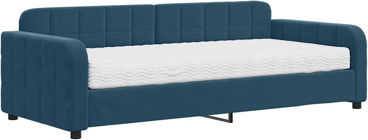 2-in-1 slaapbank met geïntegreerde schuimmatras (90 x 200 cm), bekleed met blauw fluweel, 100% polyester, houten en metalen frame, ideaal voor woonkamer of slaapkamer, 224 x 100 x 71