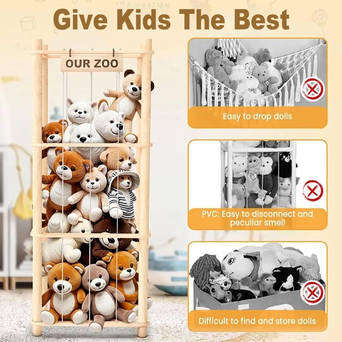 Plush houder grote capaciteit - ruimtebesparend - natuurlijk hout - ideaal voor kinderkamer - ShopVlot — cadeau in Wonen & Interieur - foto 6