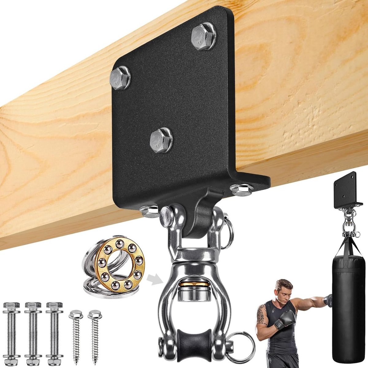 Houten hangers voor zware bokszakken met 360° rotatie, muur- en plafondmontage voor Muay Thai en bokstraining