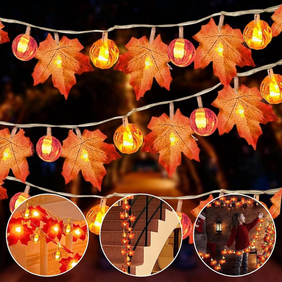Sfeervolle herfstverlichting met 40 LED-lampjes, 6 meter lang, ideaal voor binnen en buiten, perfect voor Halloween en kerstdecoratie