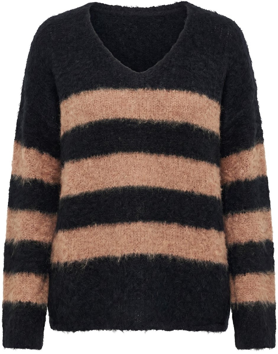 Ulla Popken - Dames - Pullover blokstrepen V-halslijn lange mouwen - Zwart - Maat 50+