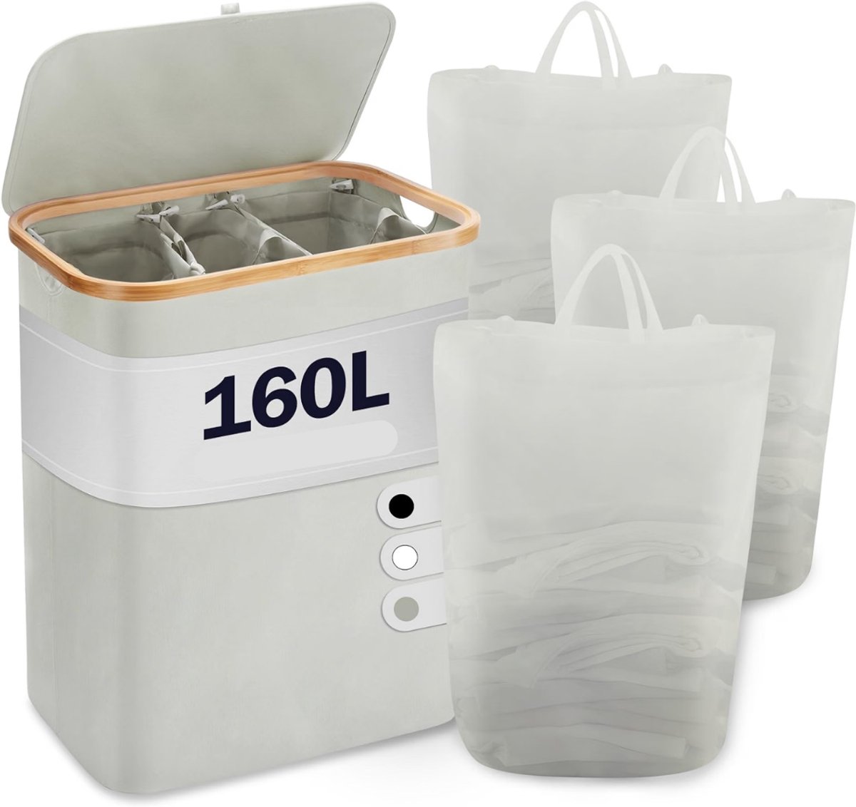 KLS® Wasmand 3 Vakken - Wasmand - Wasmanden - Lichtgrijs - 37cm x 74cm x 57cm