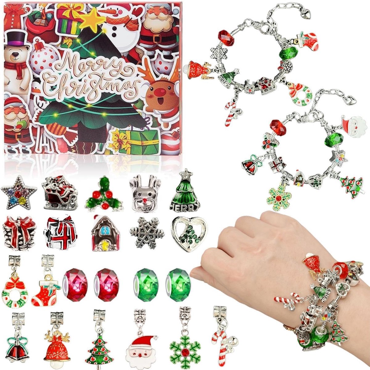 Adventskalender - Kerstmis Adventskalender voor Meisjes - DIY Sieraden Bedelarmband Maken Kit - 24 Dagen Countdown - 2 Armbanden en 22 Bedels - 1 stuk - Stijl A