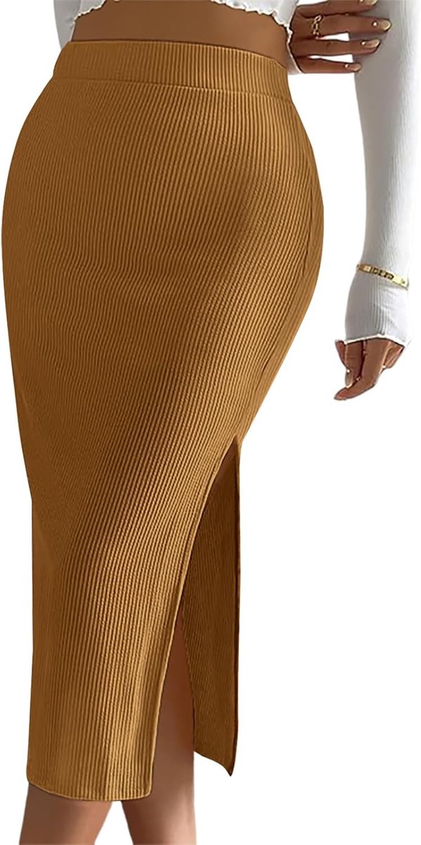 Dames Hoge Taille Elastische Ribgebreide Midi Eendelige Jurk Gesplitste Zoom Midi Casual Kokerrok Lang