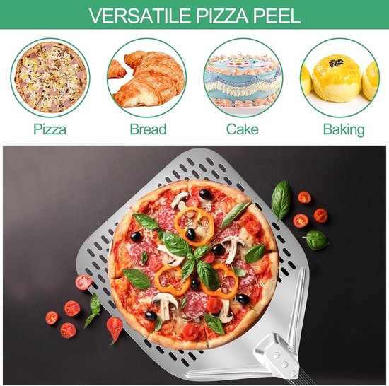 Geperforeerde pizzaschep, pizzaspatel van geanodiseerd aluminium met afneembaar houten handvat, 40 cm, vierkante pizzapaddle, pizzaplank voor het optillen van pizza en gebak — afbeelding 3