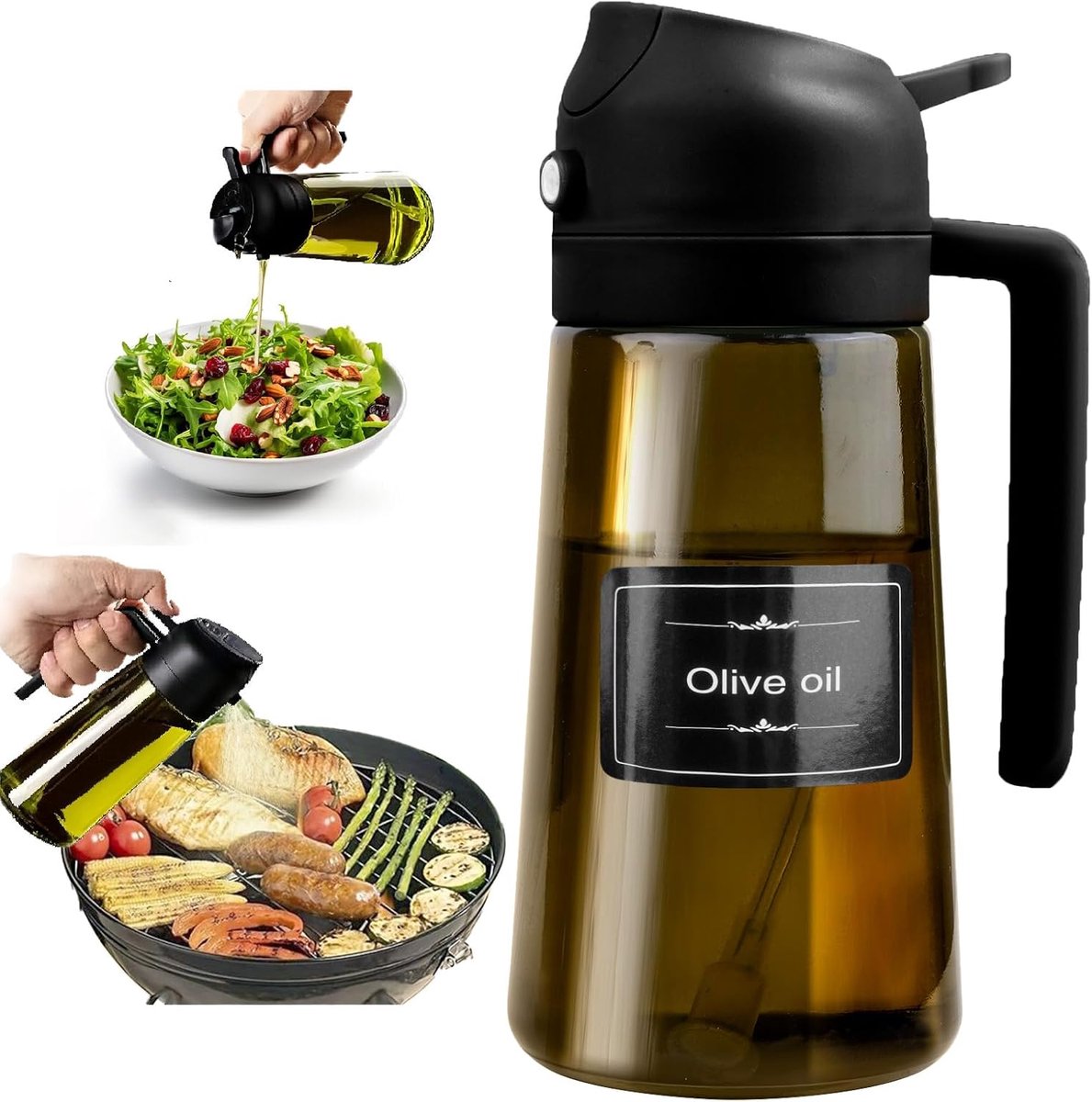 Oliespuit voor bakolie 470ml, lichtbeschermend ontwerp, 2 in 1 oliedispenser en oliespuitfles voor koken, olijfolie spray voor heteluchtfriteuse