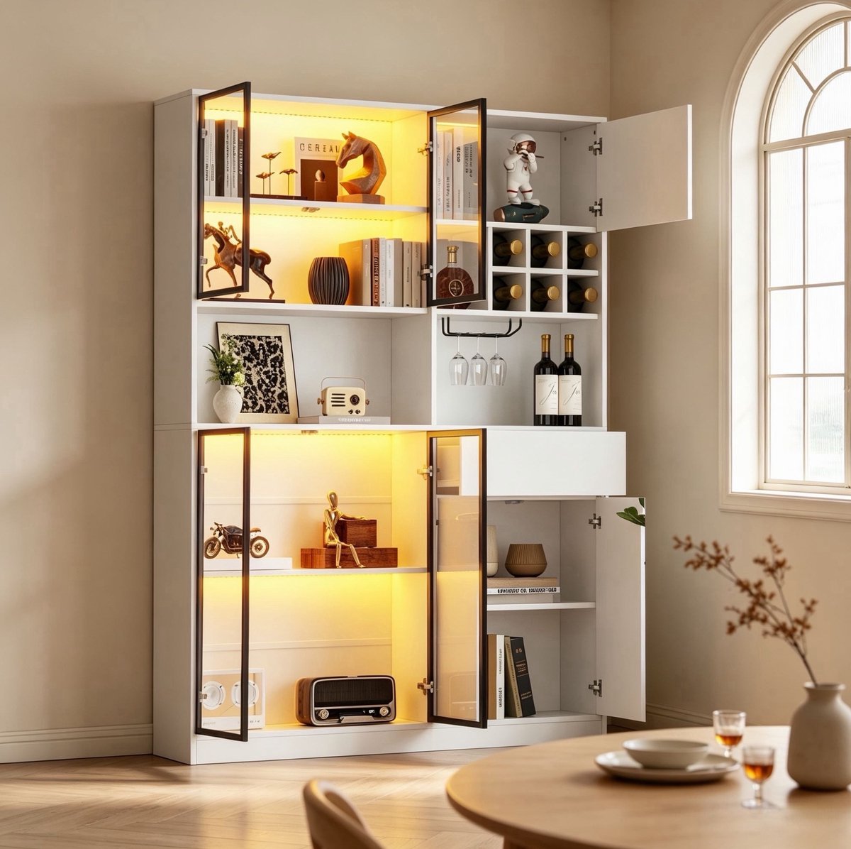 STILVORA Vitrinekast - Met Ledverlichting, Wijnrekken En Glashouder - Voor Woonkamer - Spaanplaat En Gehard Glas - 140x30x200 Cm - Wit