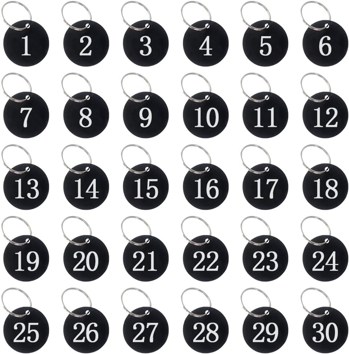 30 stuks sleutelhangers, cijfers, acryl, genummerde identificatieetiketten met sleutelhanger, genummerde markeringen, 1-30, numerieke etiketten, zwart, voor hotels, koffers en kasten