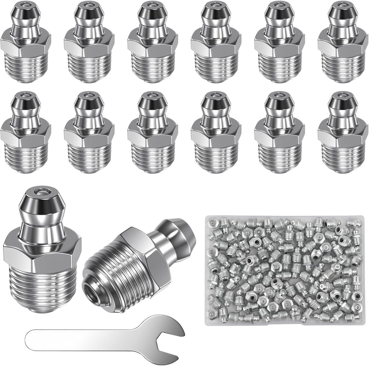 100 Pieces Grease Nipple Assortment Kit, M10 Grease Nipple, Straight Hydraulic Grease Nipple 180° with Wrench, Cone - ShopVlot
