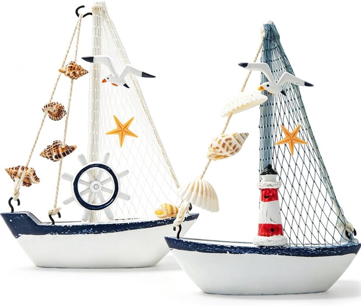2 stuks mini-zeilboot modeldecoratie, houten zeilboot model met zeeschelp en vuurtoren nautische zeilboot standbeeld voor kust strand nautisch oceaan thema meer bruiloft huis ornamenten cadeau
