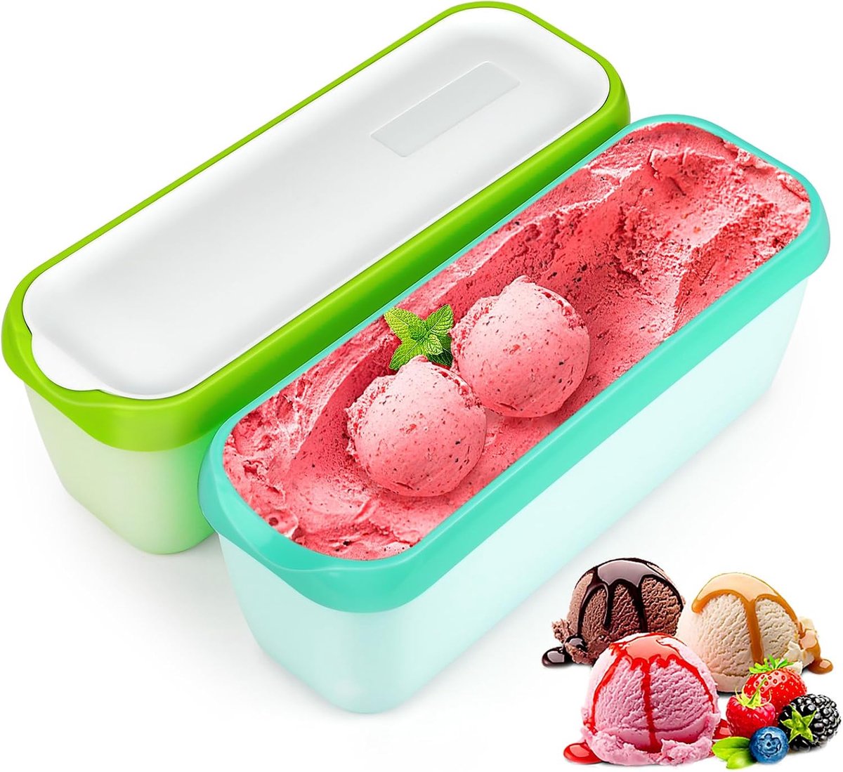 IJscontainer voor ijs, 2 stuks, 1,5 liter, opbergcontainers, vriesdozen, herbruikbare zelfgemaakte ijscontainers met deksel, stapelbare vriezer-opbergcontainers voor yoghurt