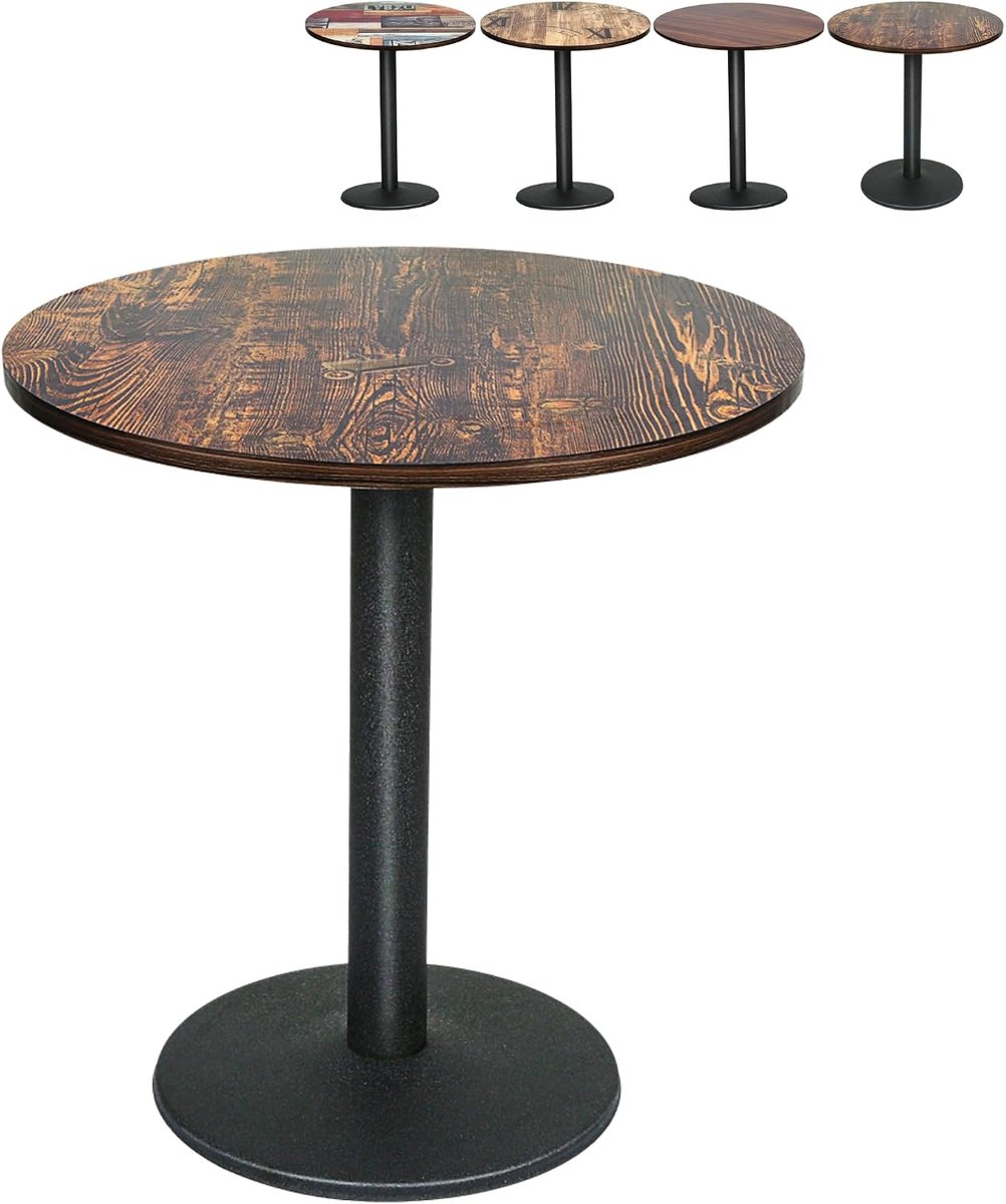 Eettafel voor 4 personen, φ70 cm, industriële keukentafel met ijzeren voet, bistrotafels/eetkamer/woonkamer (bruin-zwart, houtnerf)