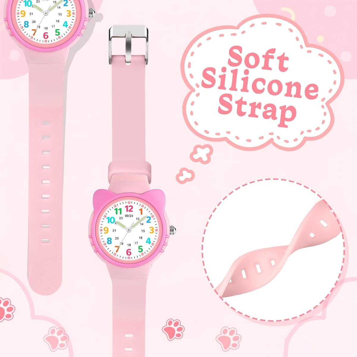 Leerhorloge voor kinderen met leesbare wijzerplaat, eenvoudige tijd, waterdicht tot 3 ATM, zachte armband, educatief cadeau voor jongens en meisjes van 4-12 jaar, Roze kat, Modern