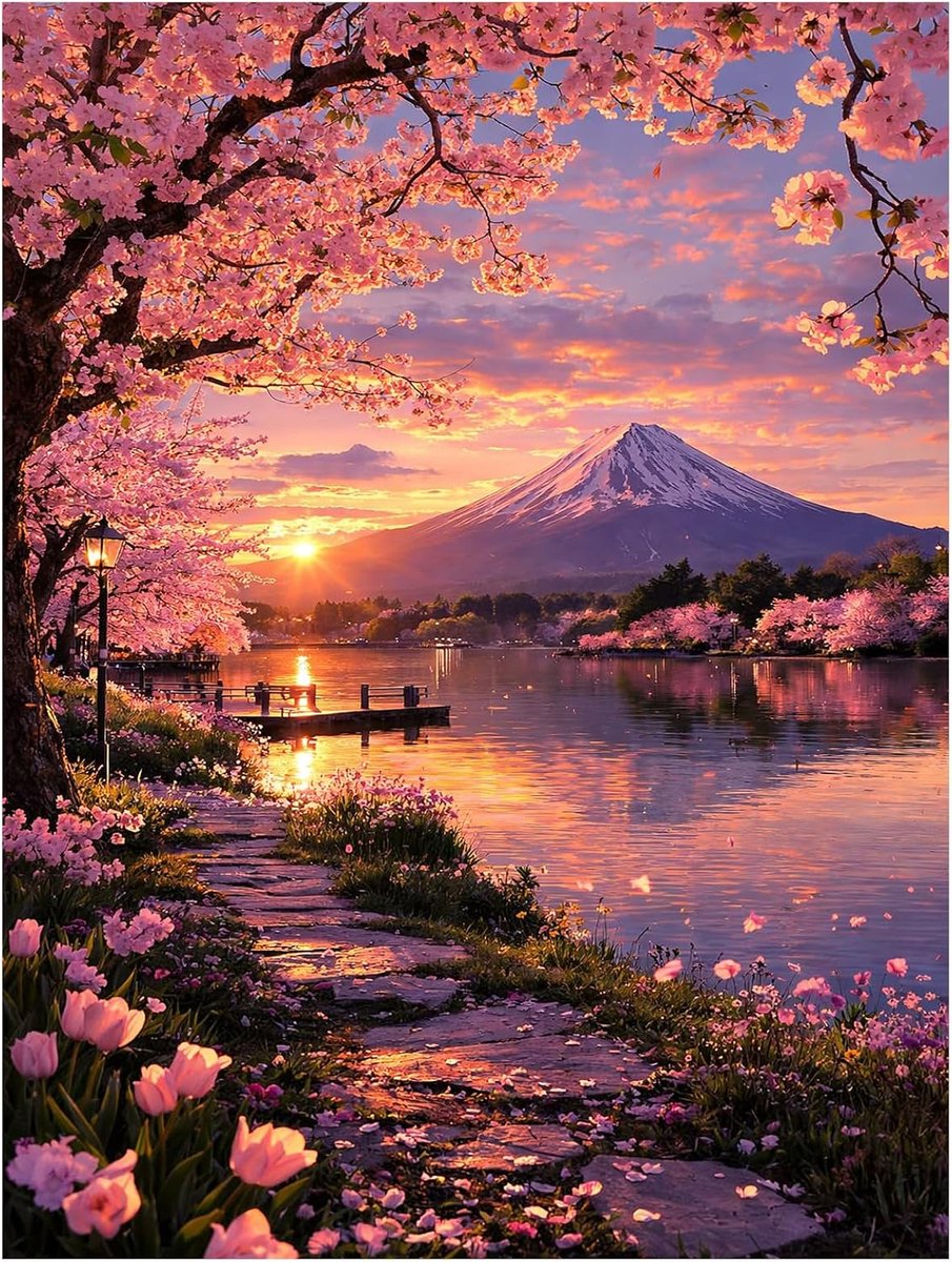 Diamond Painting landschap bloemen - DIY Diamond Painting Kit voor volwassenen en beginners, 5D diamantschilderset als cadeau, voor ontspanning en als wanddecoratie 30 x 40 cm