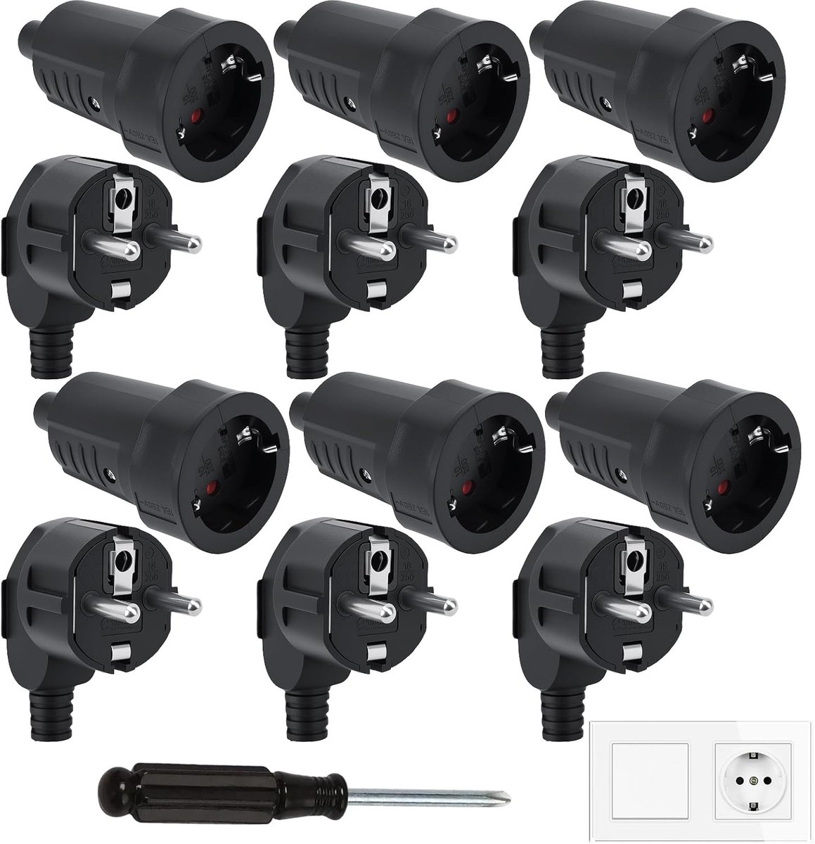 12 pieces Schuko plug coupling, 6 grounded plugs and 6 couplings, flame retardant IP20 power plug, grounded contact - ShopVlot