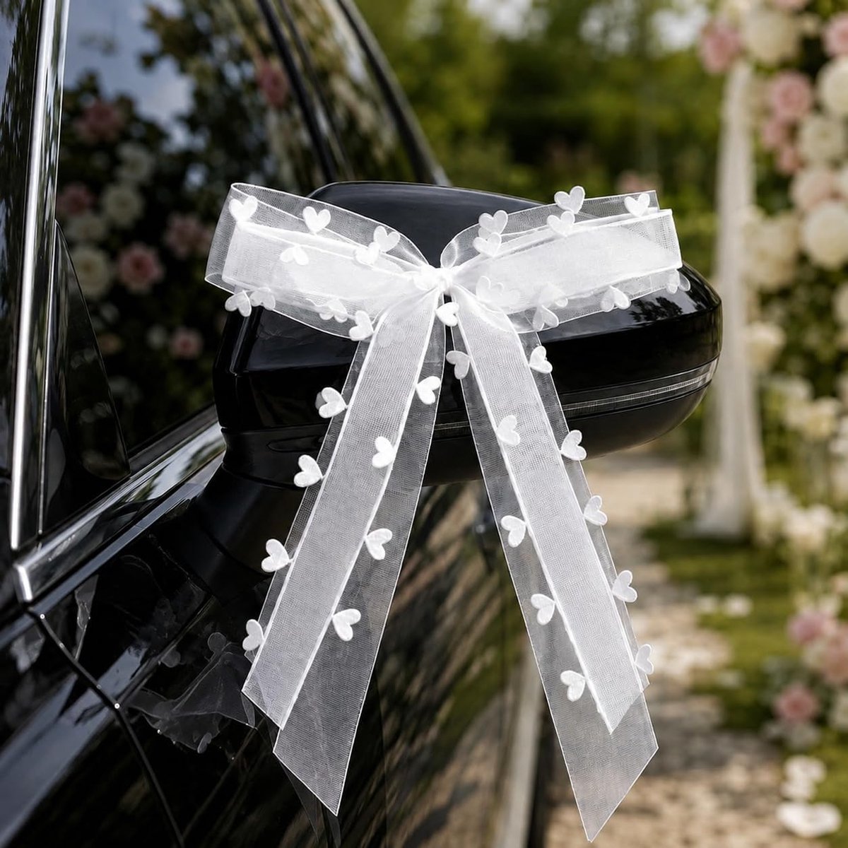 50 stuks autostrikken bruiloft - wit met hartjes strikken auto (25 x 15 cm) - ShopVlot