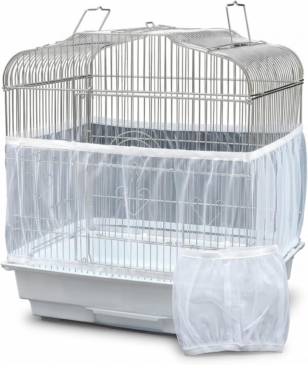 Vogelkooiafdekking, set van 2, verstelbaar nylon net en zaadvanger voor papegaaien, vogelbeschermingsnet met trekkoord voor een schone kooiomgeving