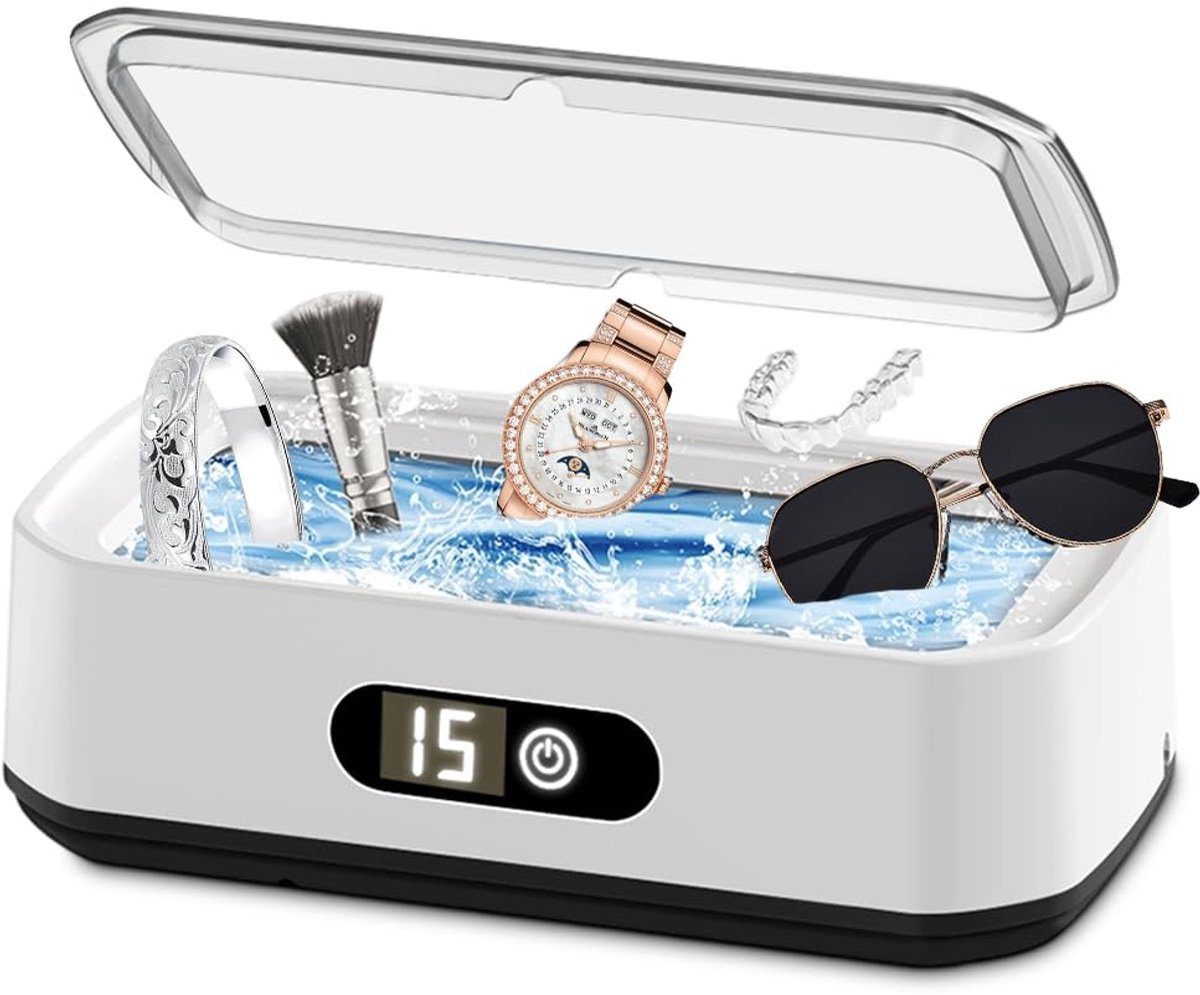 Ultrasoon reinigingsapparaat, 49000 Hz U-V ultrasone reiniger met 5 timermodi, 650 ml brillenreinigingsapparaat, ultrasoon reinigingsapparaat voor dieptereiniging van sieraden, brillen, beugels