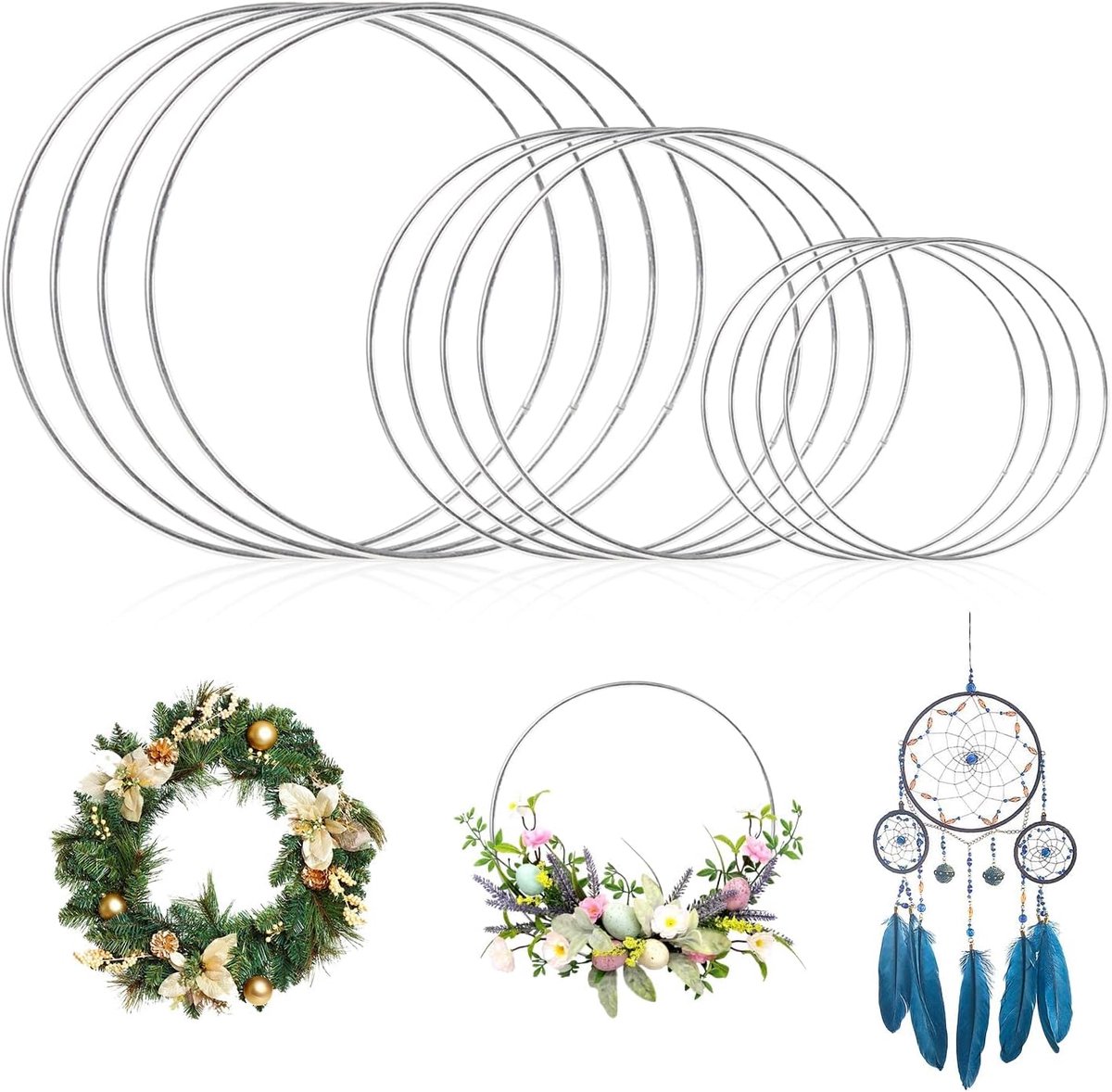 12 stuks metalen cirkels, doe-het-zelf creativiteit, metalen ring, decoratieve metalen ringen, diameter 10/15/20 cm, dikte 2,8 mm, voor bruiloftsslingers en wanddecoratie (zilver)