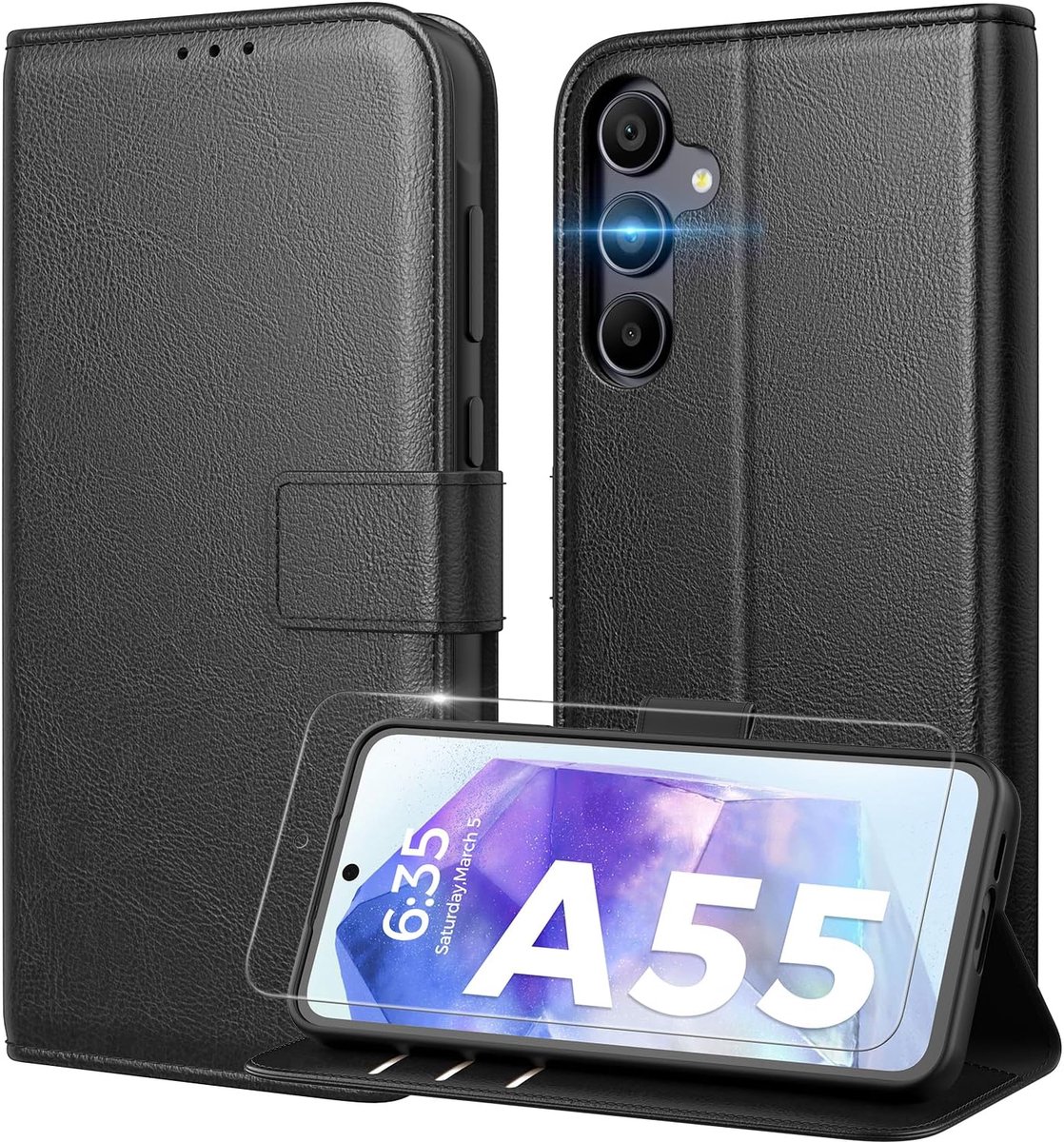 Hoes voor mobiele telefoon voor Samsung Galaxy A55 5G, met 1 stuks pantserbescherming, PU-leer, RFID-blokkering, kaartenvak en standfunctie, zwart