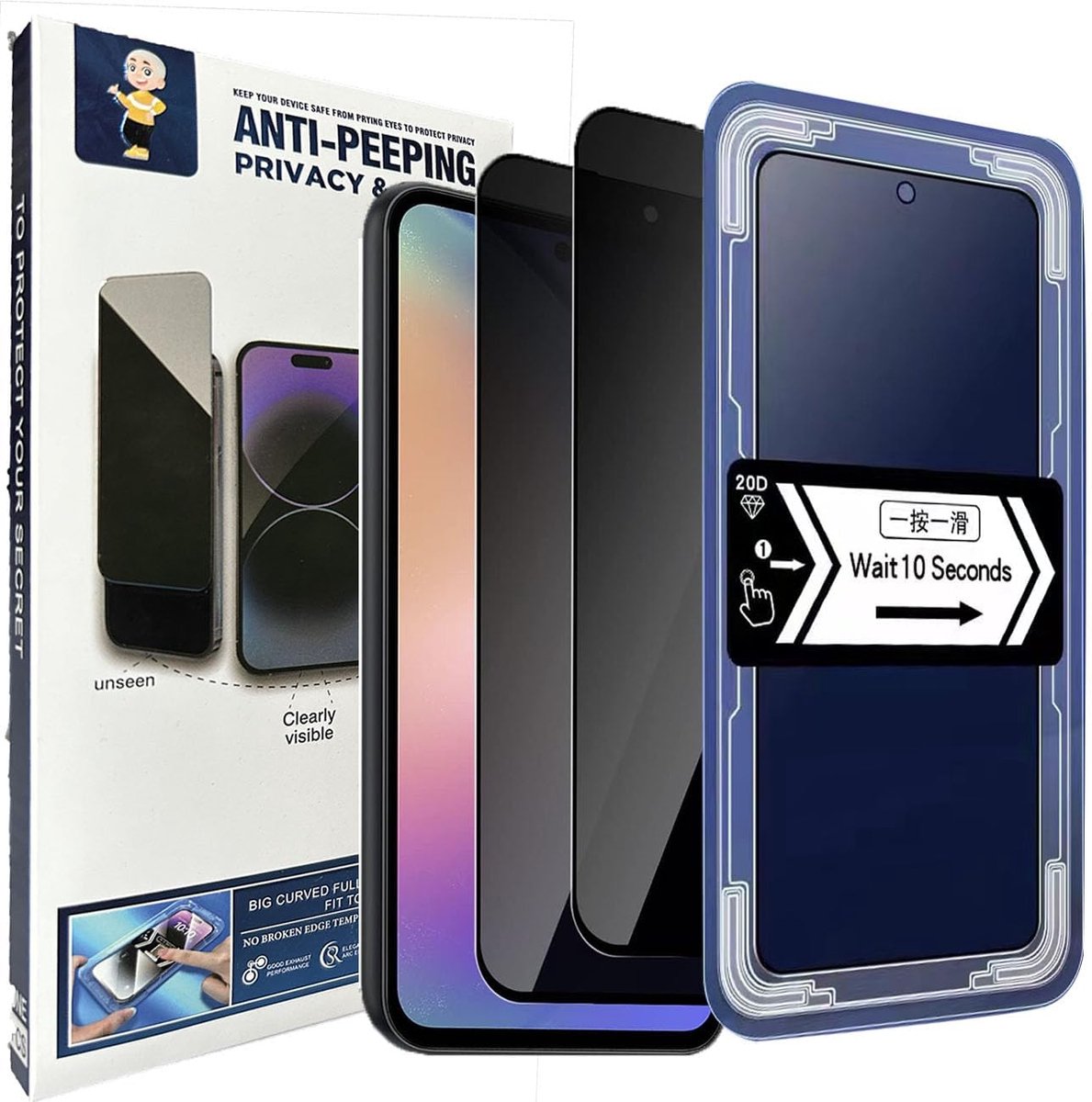 Beschermfolie voor Samsung Galaxy A54 5G, privacyscherm, anti-spaaien, beschermglas, privacy, displaybeschermfolie met positioneringshulp, 9H gehard glas, privacyfolie