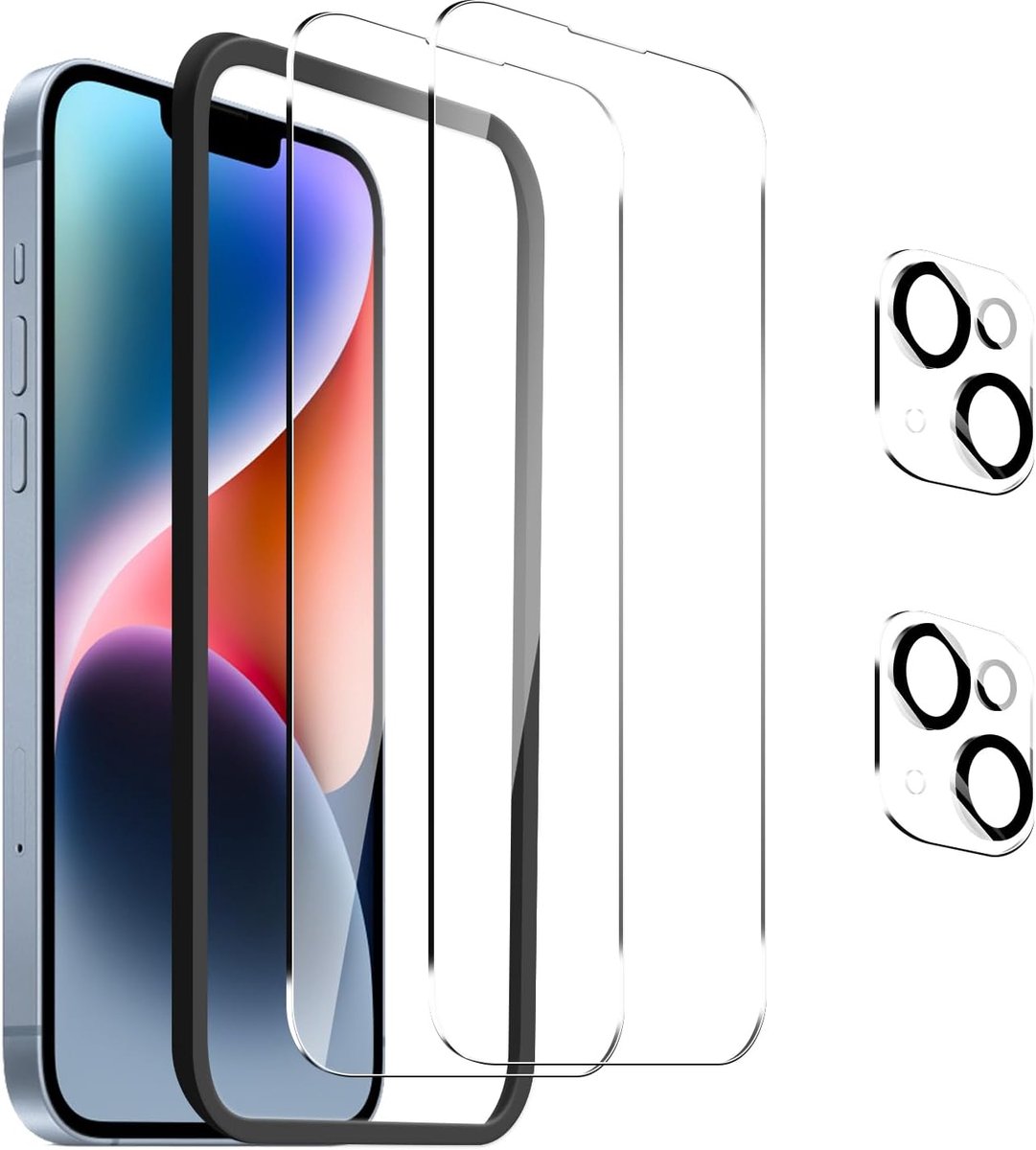 【2 + 2 + 1】 Gehard glas voor iPhone 14 + lensbescherming voor camera aan de achterzijde – eenvoudig installatiegereedschap, displaybescherming, displaybeschermfolie, 9H, HD, compatibel met