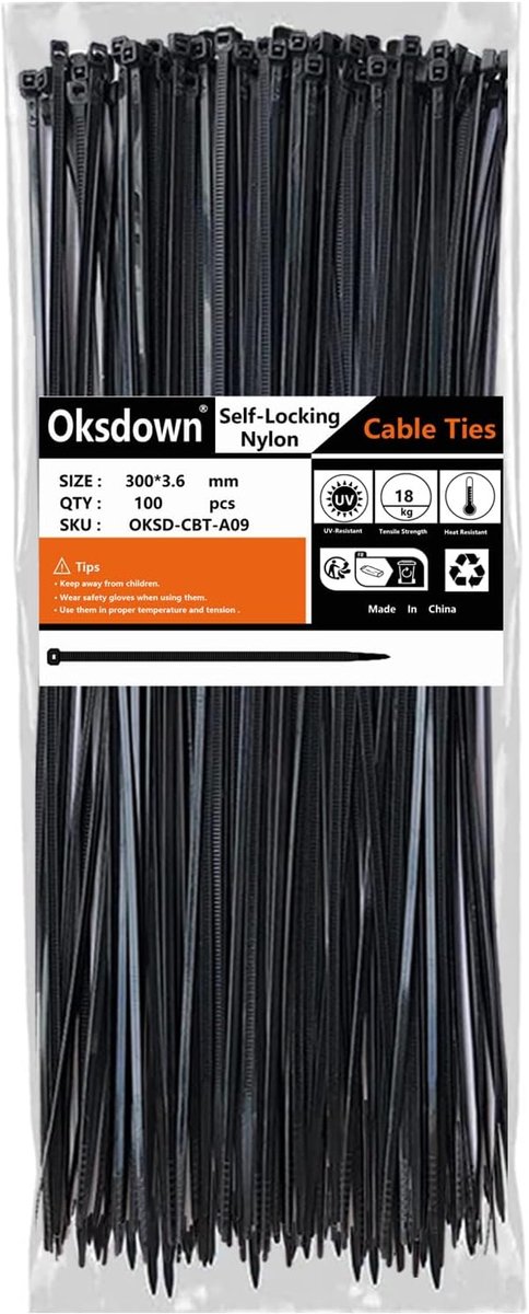 SnelShoppen - 100 Stuks Zwarte Plastic Kabelbinders 300 mm x 3,6 mm - Zwaar Belastbaar Nylon - Premium Zelfvergrendelende Kabelbinders voor Thuis en B