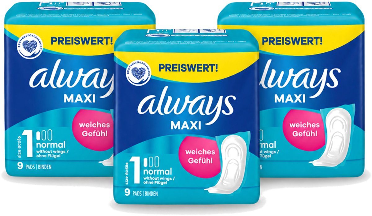 3 x Always Maxi - Maandverband - Maat 1 - Normal - 9 Pads - Voordeelverpakking - 3 stuks