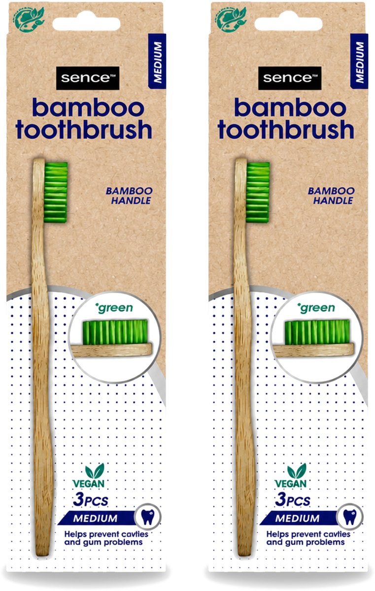 2 x Sence - Bamboo - Tandenborstels - Medium - Set van 3 - Groen - Voordeelverpakking - 2 stuks