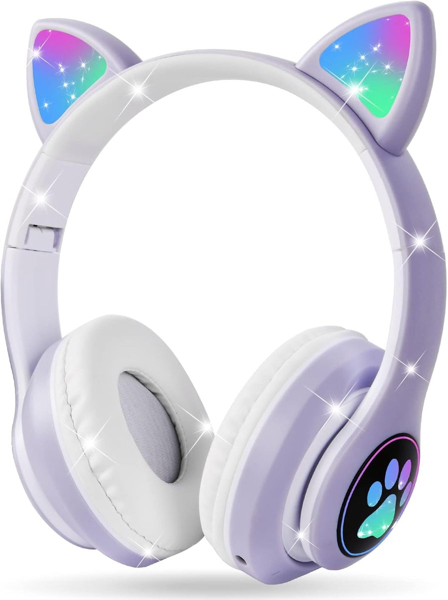 SnelShoppen - Bluetooth Kids Headphones Cat Oortjes met LED Licht, Draadloos/Wired, HD Stereo Geluid, 10U Speeltijd, Opvouwbare Hoofdtelefoon voor Kin