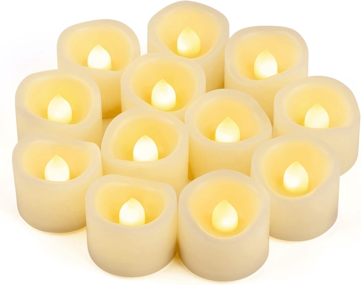 SnelShoppen - 12x LED Flameless Flickering Tealights Votive Kaarsen - Accu Bedienbare Neppkaarsen - Warm Wit - Ideaal voor Halloween, Kerst, Bruilofte