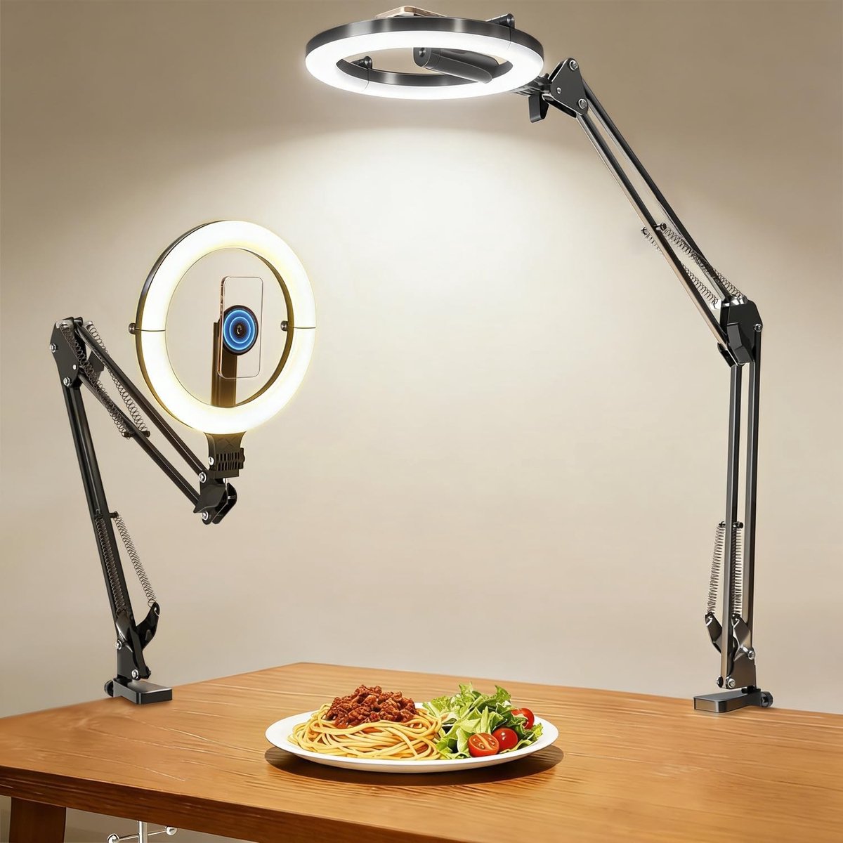 Verstelbare Ringlamp met Telefoonhouder voor Bureau, Flexibele 5000mAh Lamp voor Video-opnames, Live Streaming en Koken