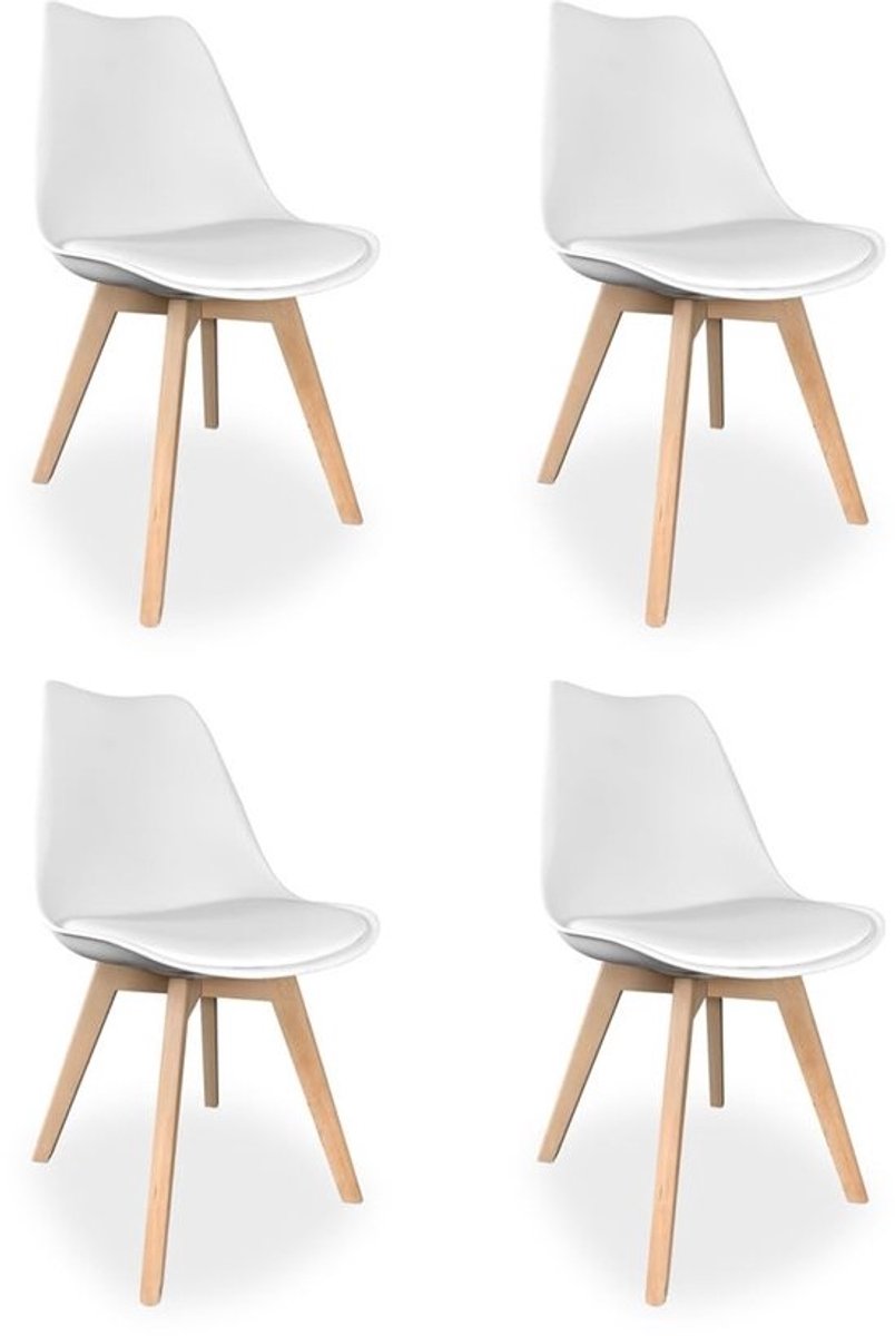 SnelShoppen - Set van 4 Scandinavische stoelen - gestoffeerd voor keuken, woonkamer en eetkamer - model Sena met houten poten, praktisch en functioneel, wit, een