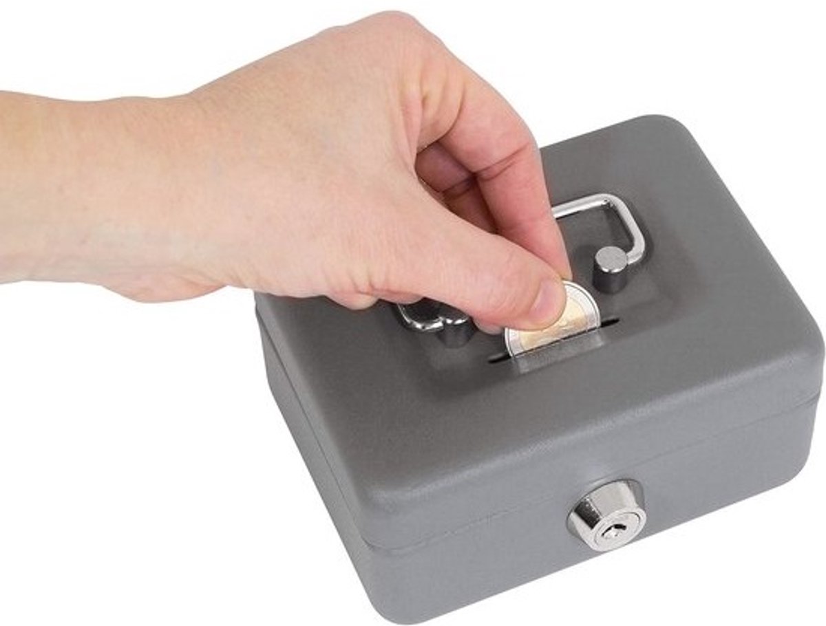 Stalen geldkistje met sleutel | Compact en veilig - Voor geld en waardevolle spullen | Sleuf voor munten | 12,5 cm