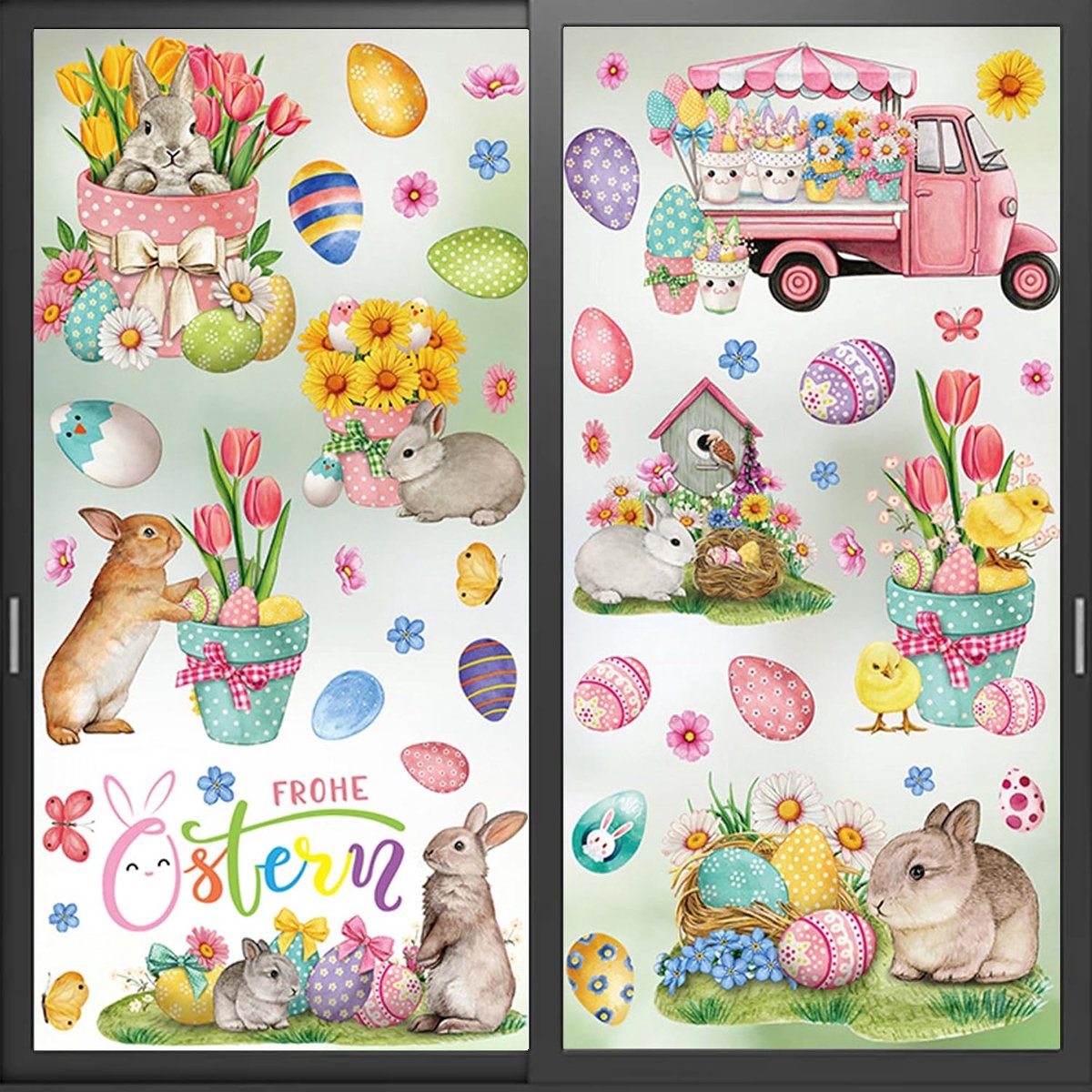 Raamstickers voor Pasen, 9 vellen raamdecoratie, stickers met eieren, hazen, kuiken, herbruikbaar, charmant en grappig